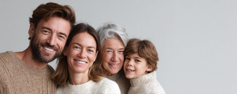A multigenerational family portrait featuring a smiling man, woman, grandmother, and young boy. Represents love, connection, heritage, and togetherness. Perfect for familythemed content.