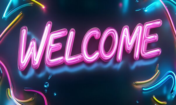 Pink neon sign saying welcome glowing on a dark background with colorful neon lights