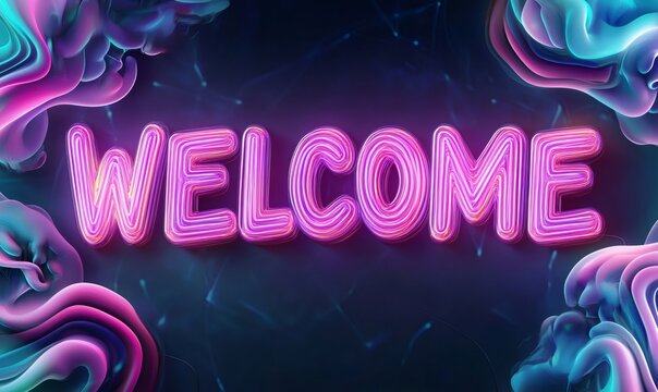 Vibrant neon welcome sign glowing against a backdrop of swirling purple and blue smoke, creating a welcoming and futuristic atmosphere