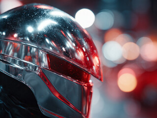 Fototapeta premium Metallic helmet with abstract, glowing bokeh background. Evokes themes of future tech, protection, science fiction, and innovative design. Use for concepts like security, progress, and innovation.