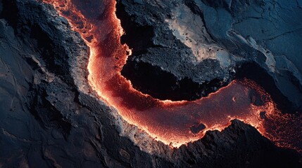Top down Satellite view of a volcanic eruption molten lava rivers cutting through blackened earth
