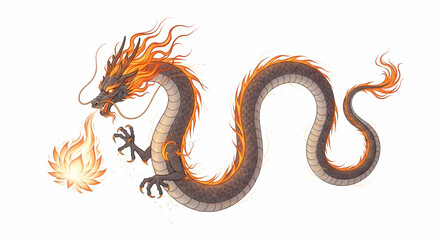 Fototapeta premium An elegant illustration of a traditional Chinese long dragon with a fiery mane, breathing out a magical lotus flower.