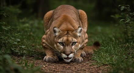 Naklejka premium Intense mountain lion crouches in undergrowth, embodying wilderness power