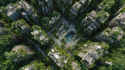 Top down Satellite view of a post-apocalyptic city overgrown with vines nature reclaiming civilization