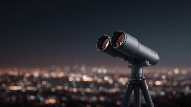 Binoculars against a blurred city nightscape. A metaphor for vision, strategy, and future prospects. Ideal for business, travel, or investment themes.