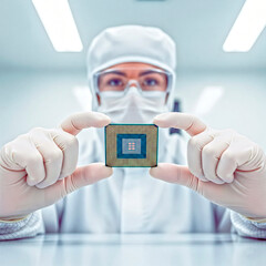 Engineer holding a CPU microchip