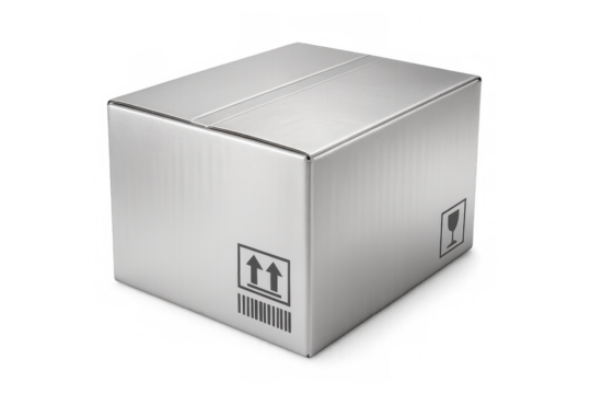 Cardboard shipping box displaying logistics labels, barcode against transparent background, representing delivery industry packaging