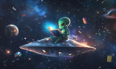 Green alien is reading a book sitting on a flying saucer, surrounded by planets and school supplies, exploring the universe through literature