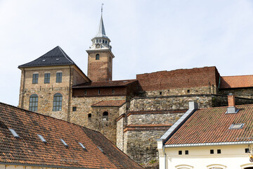 Stone buildings and tower at Akershus fortress in Oslo, Norway