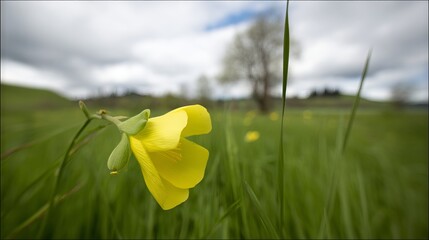 Close-up of vibrant yellow wildflower blooming in lush green grass under a cloudy sky, showcasing nature's beauty and the essence of springtime in a serene environment