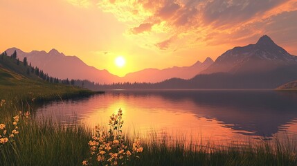 Fototapeta premium A serene sunset casts warm hues over a tranquil lake, surrounded by majestic mountains and lush greenery, creating a peaceful natural landscape.