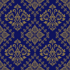 Luxurious seamless Damask pattern featuring intricate golden floral and ornamental motifs on a deep navy blue background. Ideal for fabric design, wallpaper, packaging, invitations.