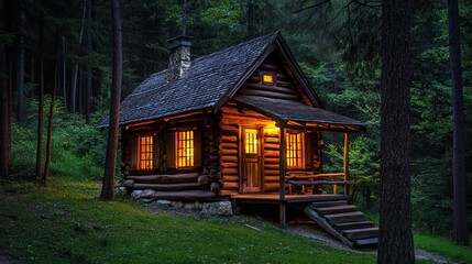 A cozy log cabin illuminated warmly, nestled among lush green trees, creating a serene and inviting atmosphere.