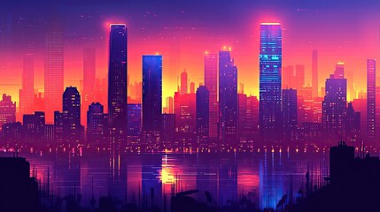 Fototapeta premium A vibrant, futuristic city skyline at sunset, featuring colorful lights reflecting off water, creating a stunning urban atmosphere.