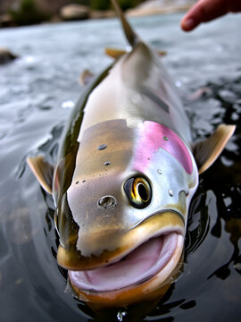 Close up of large Sea Trout hovering in current of Granvin River during spawning season, Norway.