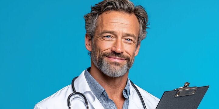 Smiling mature doctor with stethoscope and clipboard on blue background for healthcare marketing.