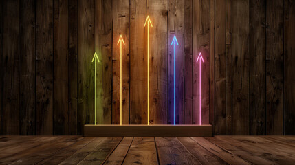 Bright glowing arrows in various colors point upward against rustic wooden background, symbolizing growth and progress. vibrant hues create energetic atmosphere, enhancing visual appeal