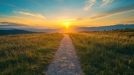 A scenic landscape featuring a sunlit pathway surrounded by grass, leading towards a distant horizon under a vibrant sky.