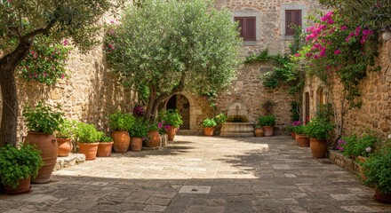 Obraz premium Stone courtyard, blossomed trees