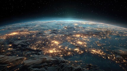 Satellite view Stunning night-time view of Earth from satellite illuminated by starlight and artificial glows of human civilization