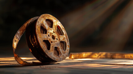 Obraz premium Vintage film reel with weathered appearance, resting on wooden surface, illuminated by soft rays of light. nostalgic feel evokes memories of classic cinema and storytelling