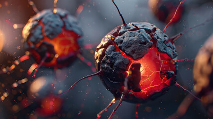 Intricate virus animation showcasing glowing, cracked surfaces with tendrils, creating captivating visual of digital network. vibrant colors evoke sense of intrigue and danger