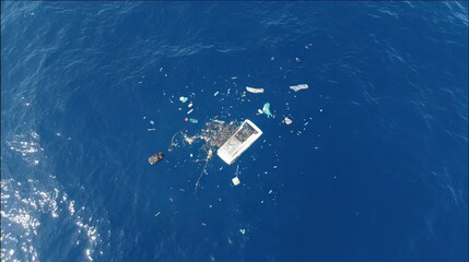 Fototapeta premium Aerial view of marine debris floating on the ocean surface, showcasing various plastic waste and discarded materials, highlighting environmental pollution and its impact on marine life
