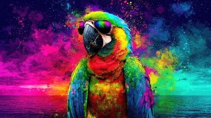 Vibrant parrot wearing sunglasses against a colorful sunset backdrop.