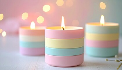 Three Striped Pastel Candles Glowing with Warm Light Against a Bright Bokeh Background