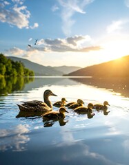 Ducks on a lake at sunset