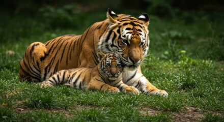 Obraz premium Tiger mother and cub in grass