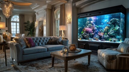 Fototapeta premium Luxurious living room with a large aquarium