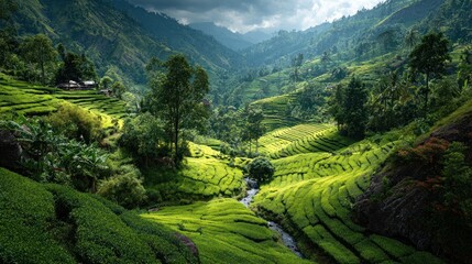 Lush terraced tea fields, valley view, mountains