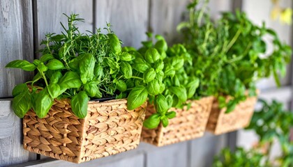 Fototapeta premium Three Wicker Baskets with Assorted Green Herbs Hanging on Gray Wood Wall Outdoors