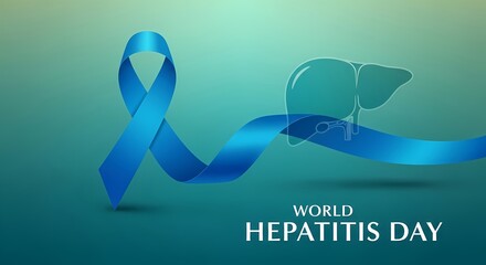 World hepatitis day awareness design featuring blue ribbon and liver symbol