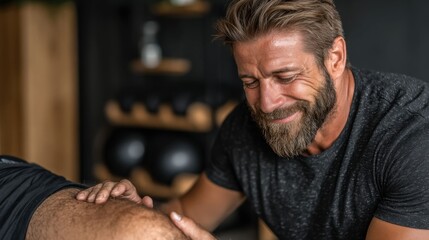 Fototapeta premium Man giving leg massage in gym