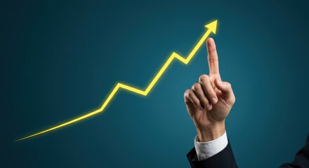 Hand pointing upwards on rising graph with blue background