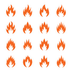 Set of Gradient Fire Flame Icons – Collection of Red and Orange Burning Flame Symbols Isolated on White Background, Perfect for Web, App, Warning Signs, and Graphic Design Elements