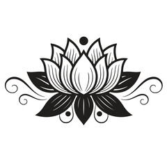 Fototapeta premium Lotus flower illustration with decorative swirls, black and white style