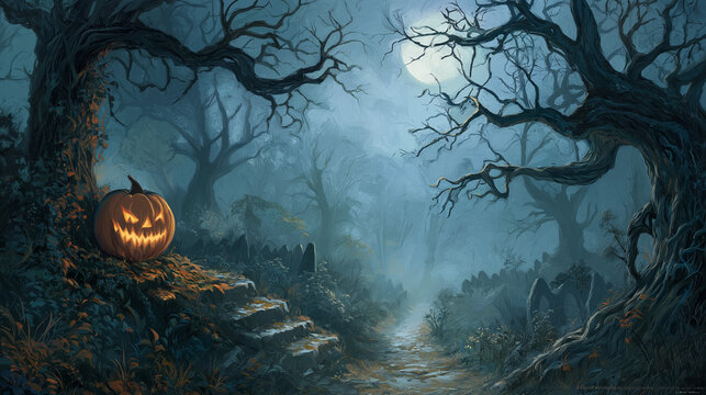 Jack O&rsquo;Lantern glowing in dark forest with spooky mist and moonlight &ndash; Halloween horror illustration
