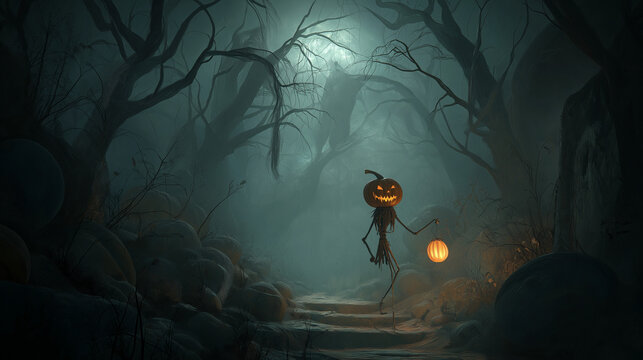 Jack O&rsquo;Lantern glowing in dark forest with spooky mist and moonlight &ndash; Halloween horror illustration