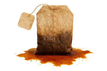 Wet used tea bag hanging, label empty, liquid droplets falling, revealing damp surface against clear minimalist backdrop
