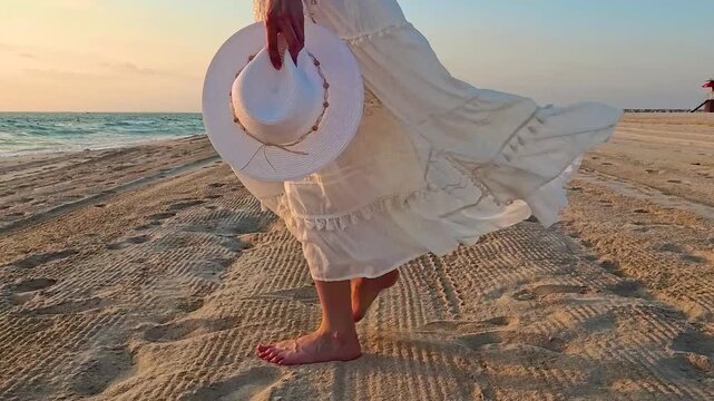 Woman in white summer maxi dress walking into the water on beach holding white hat in hand at sunset. Kite beach, Dubai