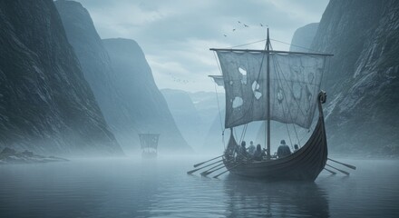 Viking longship in fjord