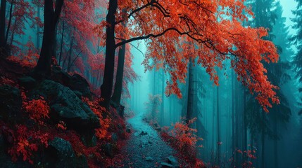 Misty autumn forest path with vibrant red leaves