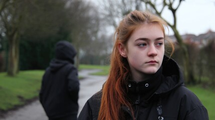 A young person looks away distressed in an outdoor park with another figure in the background, symbolizing isolation and societal mistreatment experienced by individuals facing peer harassment