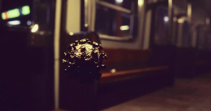 Amidst the stillness of a nearly empty subway car, a virus manifests in unsettling detail, showcasing the eerie tension within a familiar urban setting at dusk.