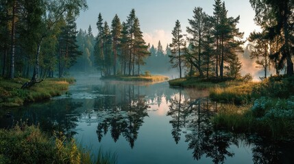 Misty morning in a serene forest
