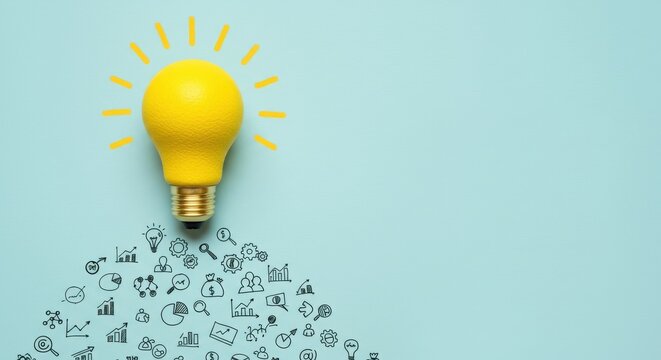 Yellow light bulb idea concept with business icons