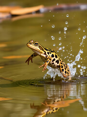 Fototapeta premium Pickerel frog jumping in water with splashing droplets